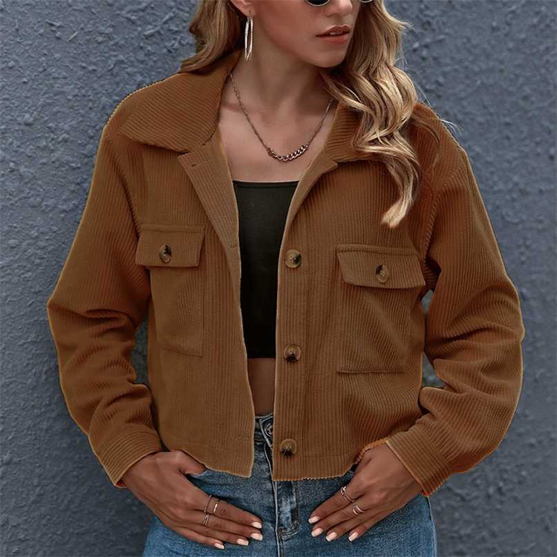 

Fashion Turn-Down Collar Single-breasted Coats Autumn Winter Solid Women Short Jacket Warm Corduroy Lady Casual Outwears 211109, 06 gray