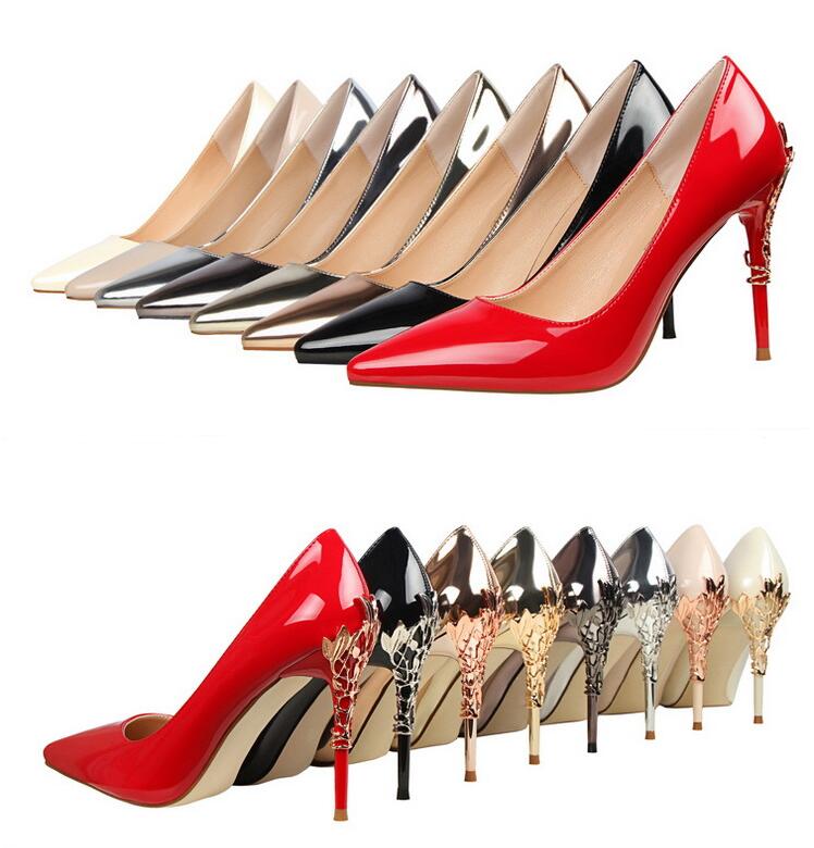 

Classic Metal Carved Heels Women's Party Shoes New Shallow Patent Leather Fashion Women Pumps Pointed High Heels Shoes 10CM, Red