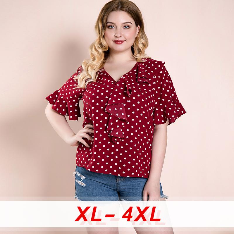 

Women's Blouses & Shirts Plus Size Red Polka Dot Women Short Ruffled Sleeves V Neck Tops Vintage Ruffles Trim Casual Big Blouse 2021, White