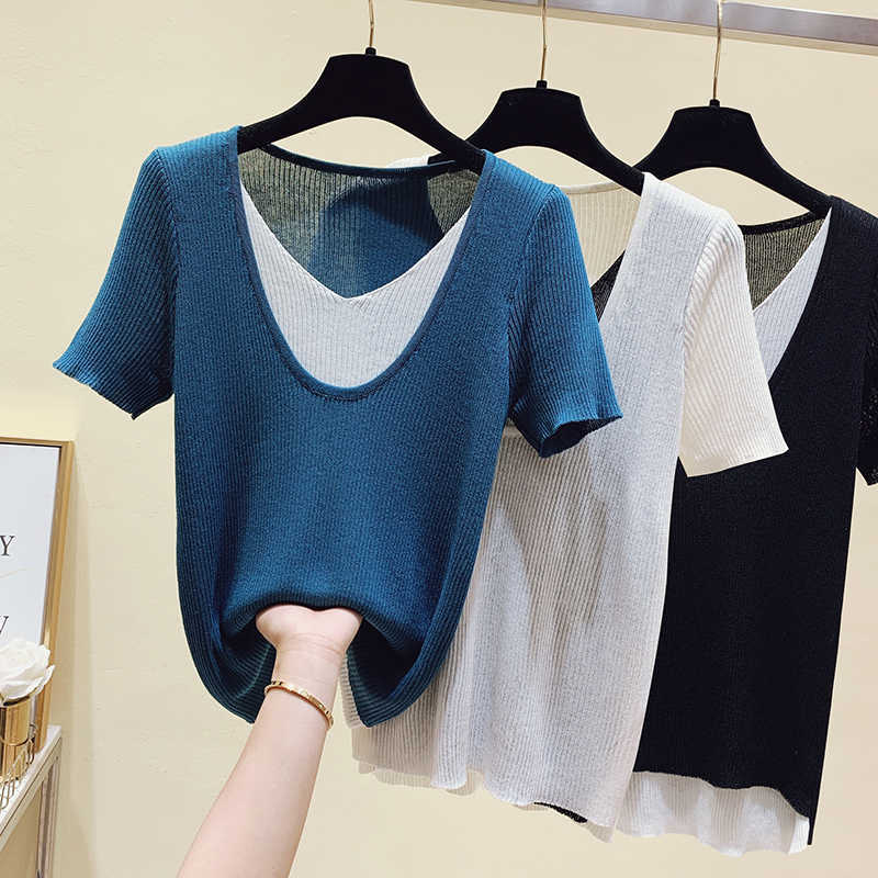 

Sweater Womens Pullovers Femme Patchwork Thin Summer Women Sweater Knitted Elastic Short Sleeve Woman Clothes 210604, Blue