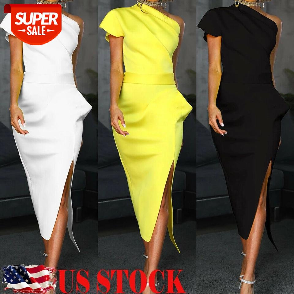 

2019 Hirigin Women One Shoulder Short Sleeve Solid Bodycon Midi Dress Party Night Cocktail Club Dresses #vX9l, Black;gray