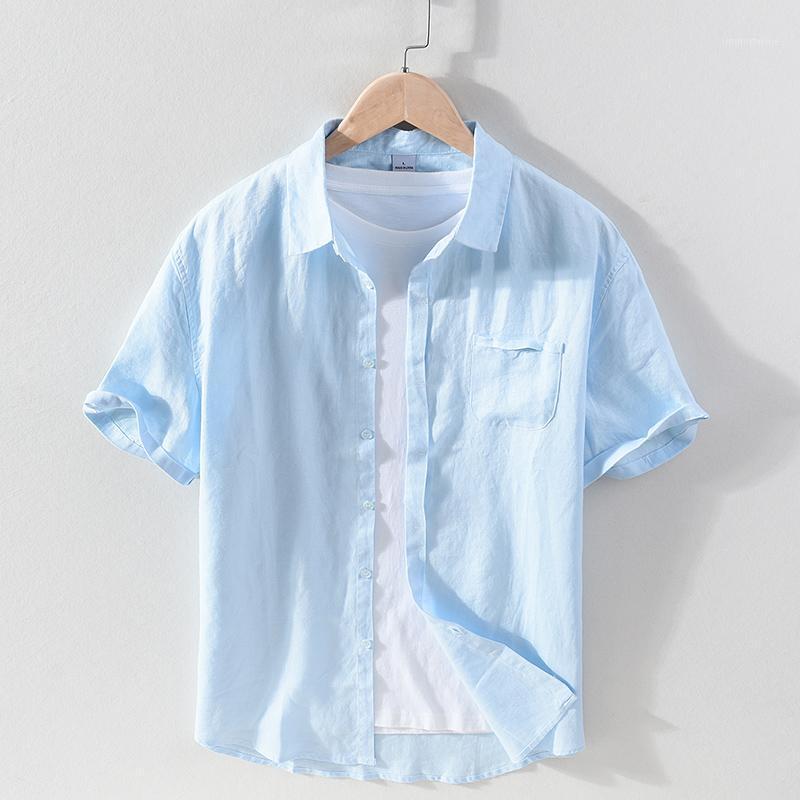 

Men's Casual Shirts 100%Linen Short Sleeve Shirt For Men Summer Chest Pocket Tops Male Solid Color Loose Turn-down Collar, Blue