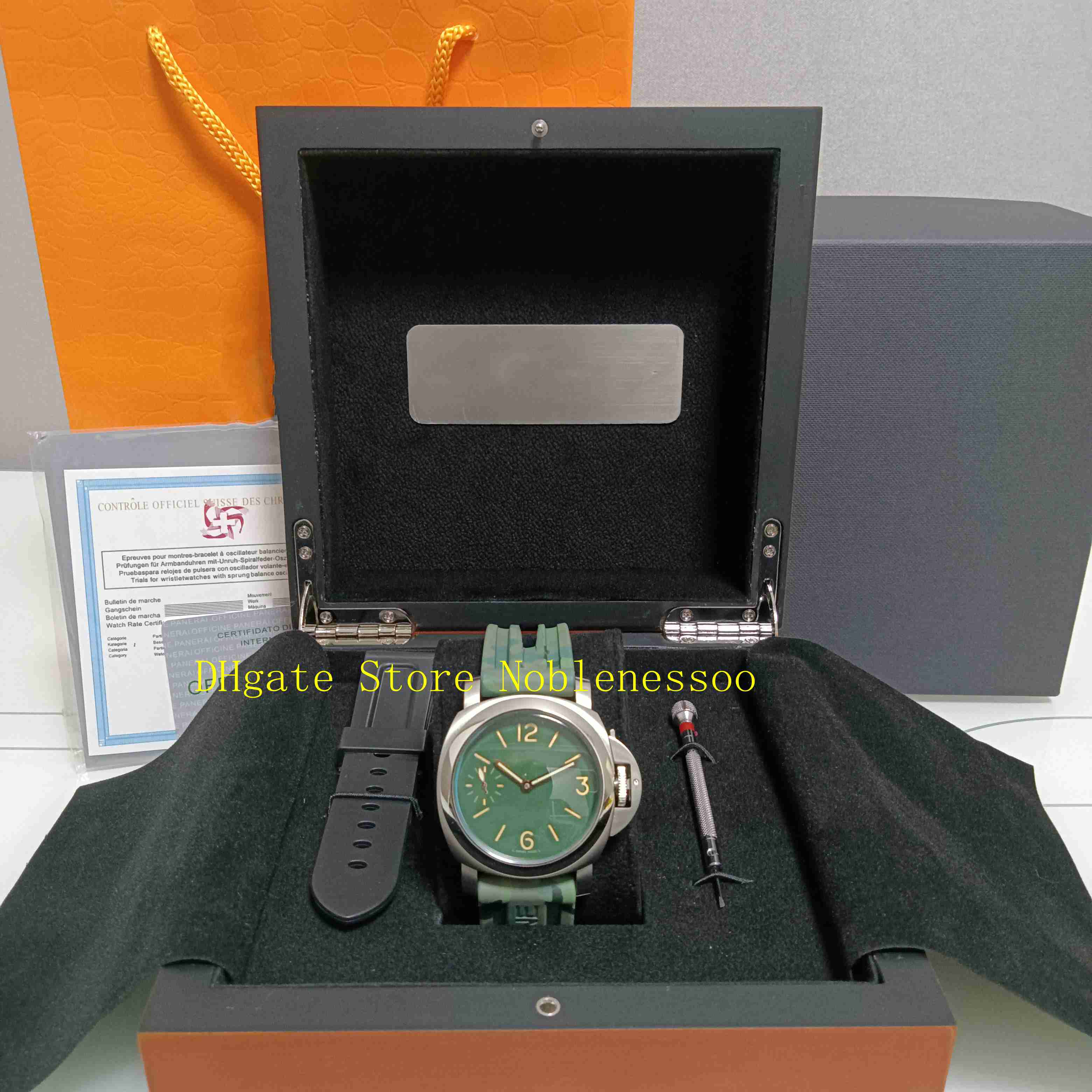 

Real Photo With Original Box Men's Watches Mens 44mm PAM 00111 Green Dial Manual Mechanical Stainless Steel Transparent Back Rubber Bracelet Wristwatches Watch, 01
