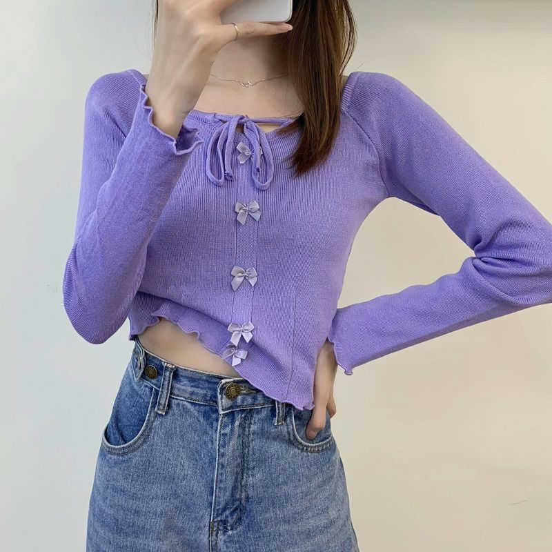 

Knitted Sweater Autumn Women' Korean-Style Bow Tie-up Square Collar Short Outdoor Thin Long-Sleeved Upper G 210604, Purple