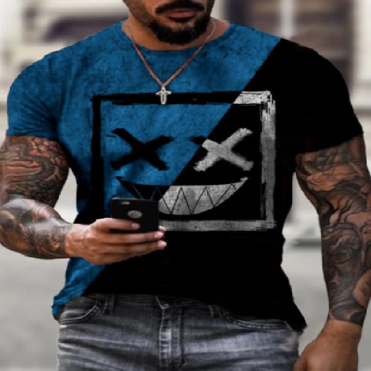 

Evil smile pattern 3D printed T-shirt visual impact party shirt punk gothic round neck high-quality American muscle style short sleeves, Blue