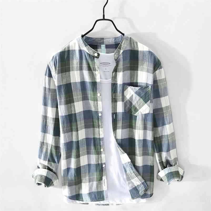 

Men's Retro Plaid Shirt Long Sleeves Stand Collar Casual 210708, Wine red