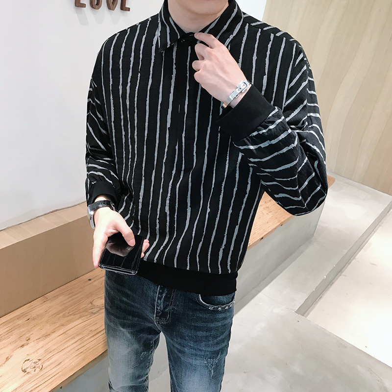 

2021 New Primavera Novos Pullovers Homens Listrado Camisas De Manga Longa Simples Todo o Jogo Algodo & Linho Solto Casual Chemise Homme Pret, Black