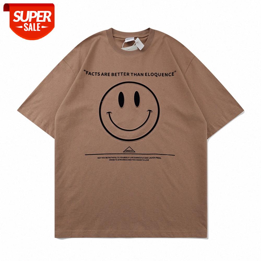 

Lazy style smiley face letter printed short-sleeved T-shirt men's street loose half-sleeved round neck five-point sleeves #rm9S, White;black