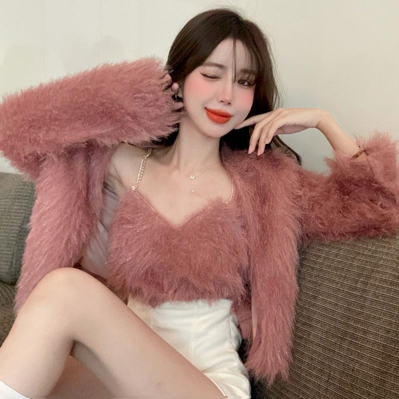 

Women's Jackets Fashion Suits Women 2021 Autumn Retro Wild Sling And Loose Cardigan Jacket Two-piece Sets Casual Cropped Womens Set, Black;brown