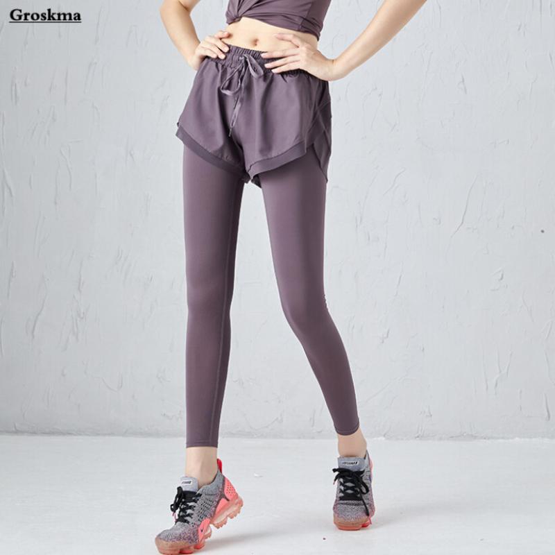 

Fake two piece women sports running pants fitness gym yoga leggings quick dry mesh outdoor training trousers pantalones mujer, Black