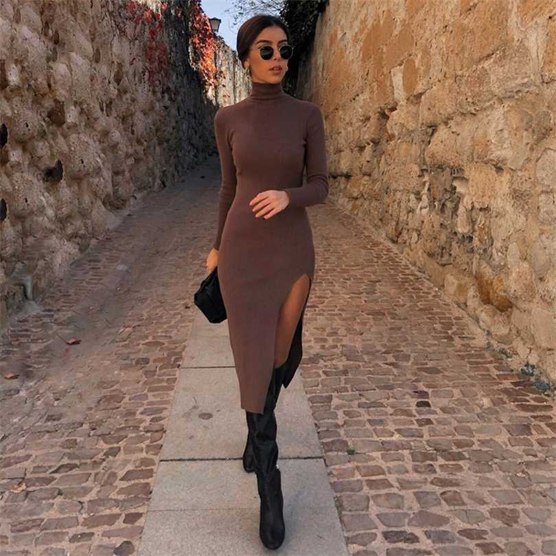 

High-Neck Kint Female Dres's Long Sleeve Elastic Midi Fashion Elegant Split Lady Knitted Sweater e Robe 211110, Brown
