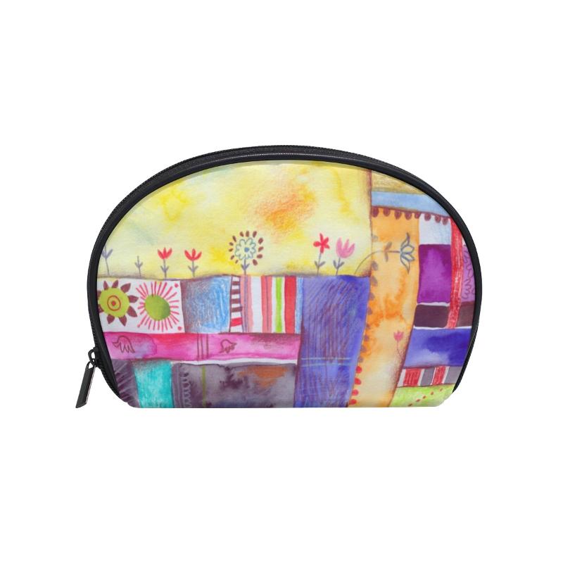 

FengJu Multifuncition Shell Cosmetic bag Purse Half Moon Hanging Travel Toiletry Pouch for Girls Woman Geometry Flowers, As pic