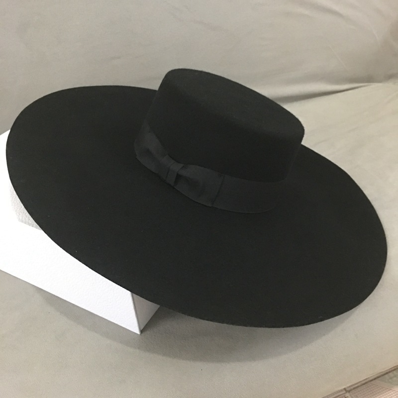 

2021 New Retro Style Big Warm Wide Brim Wool Fedora Black Felt Bow Flat Floppy Winter for Women Party Church Wedding Hat Btyo
