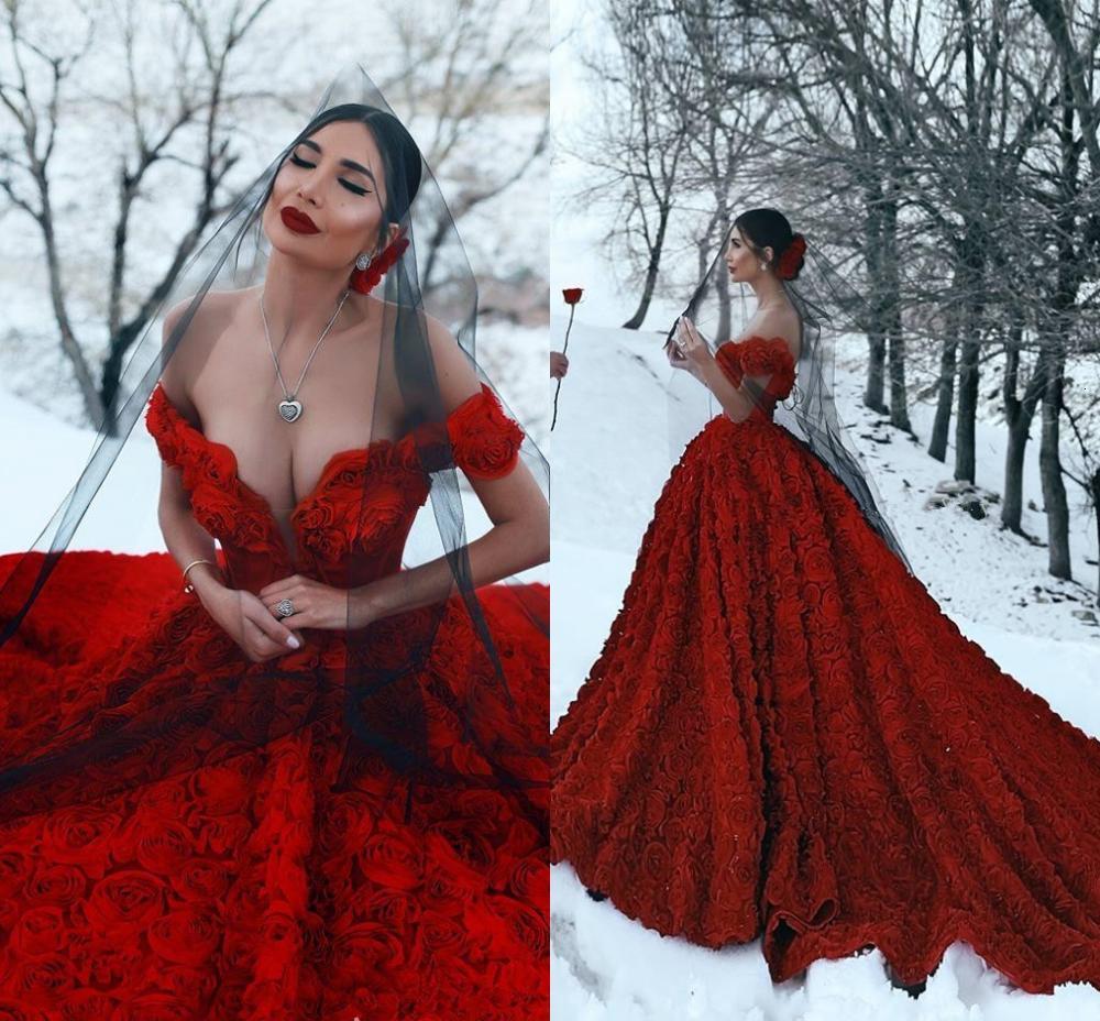 

2021 New Dark Red Es with Rose Flowers Cathedral Train Arabic Middle East Church Off Shoulder Backless Wedding Gowns 46oa, Multicolor