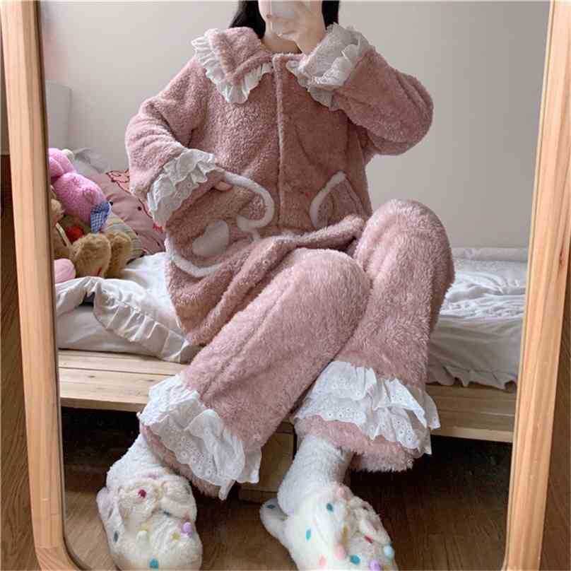 

Nightwear Embroidery Pockets Suits Oversize Loose Sweet Chic Cute Girls Warm Homewear Casual Pajamas Sets 210525, Blue