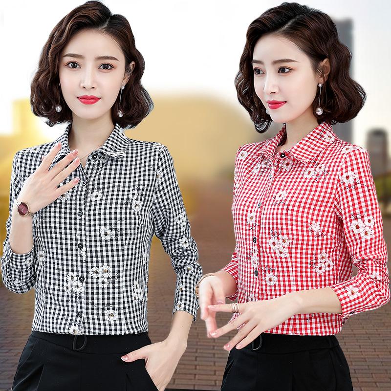 

Women' Blouses & Shirts Spring Cotton Plaid Embroidery Slim Formal Business Work Shirt Lady Office Plus Size Casual Blouse Top Blusa, 1316