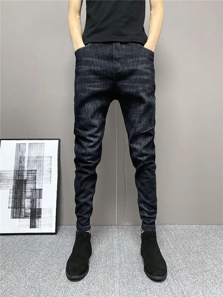 

Spring and autumn jeans men's Plush slim pants versatile youth casual thickened medium waist black Harlan Leggings, Blue
