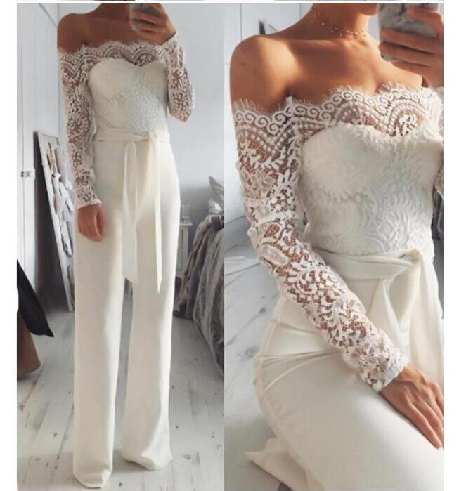 

Women's Jumpsuits & Rompers Autumn Elegant Off Shoulder Lace Women Summer Jumpsuit Sexy Ladies Casual Long Trousers Overalls White, Black;white