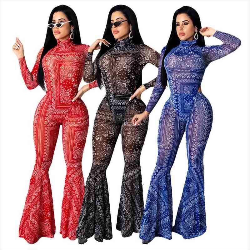 

fashion bandana print two piece set turtleneck bodysuit wide leg flare pants women tracksuit autumn casual sporty suits, White