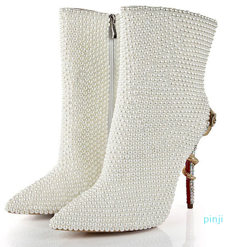 

Full Glossy White Pearl Ankle Boots Crystal Gold Snake Twined High Heels Pointed Toe Woman Winter Plush Short Wedding Boots