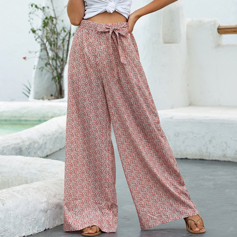 

2021 New Vintage Long Women Designs Floral Print High Waist Plus Size Casual Ladies Summer Wide Leg Trousers Qxvr, Red