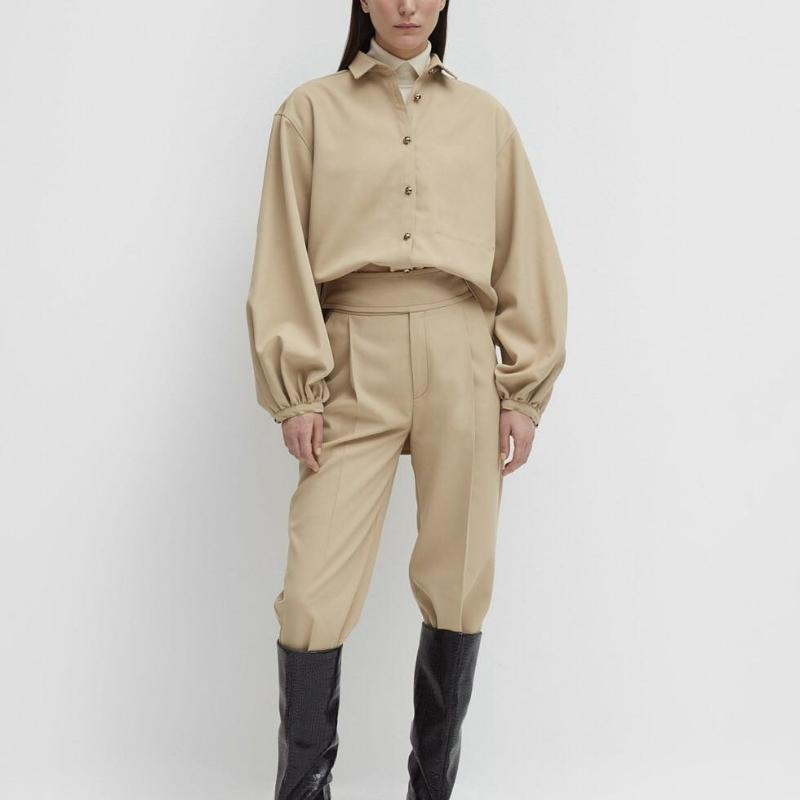 

Women's Two Piece Pants 2021 Spring And Autumn Lantern Sleeve Shirt Top High Waist Pleated Casual Granny, White