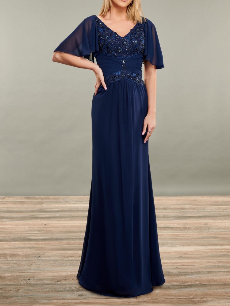 

Navy Mother of the Bride Dresses Chiffon with Applique Shining Sequins Beads Long Evening Dress