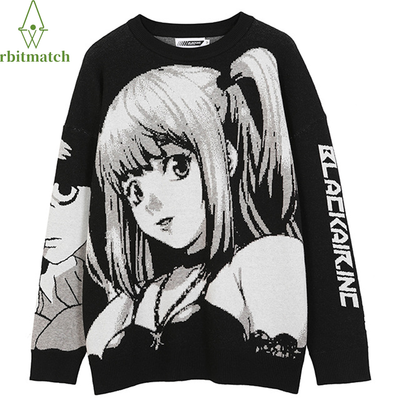 

Hip Hop Oversize Winter Sweaters Knitted Pullovers Streetwear Japanese Anime Girl Cotton Loose Fashion Man Casual Women Sweaters, Black