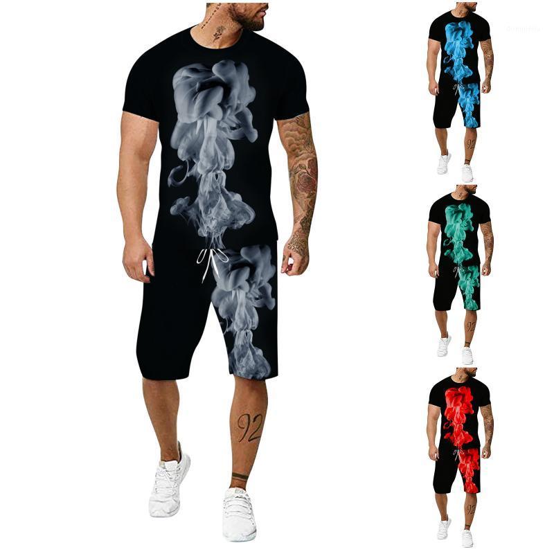 

Running Sets Men's Smoke Pattern Sportswear Summer Short Sports Suit Brand 3d Printed T-shirt Shorts Gym Beach Pants Jogging Leisure, Black;blue