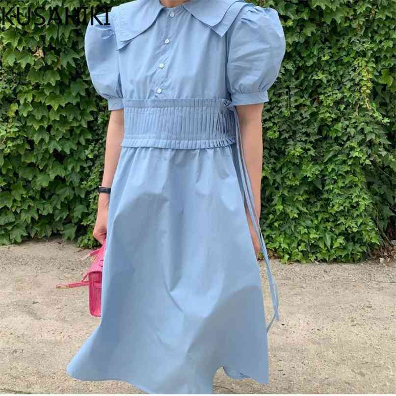 

Korean Chic Double-layer Collar Dresses Folds High Waist Puff Sleeve Sweet Woman Dress Summer Vestidos 6J137 210603, Blue