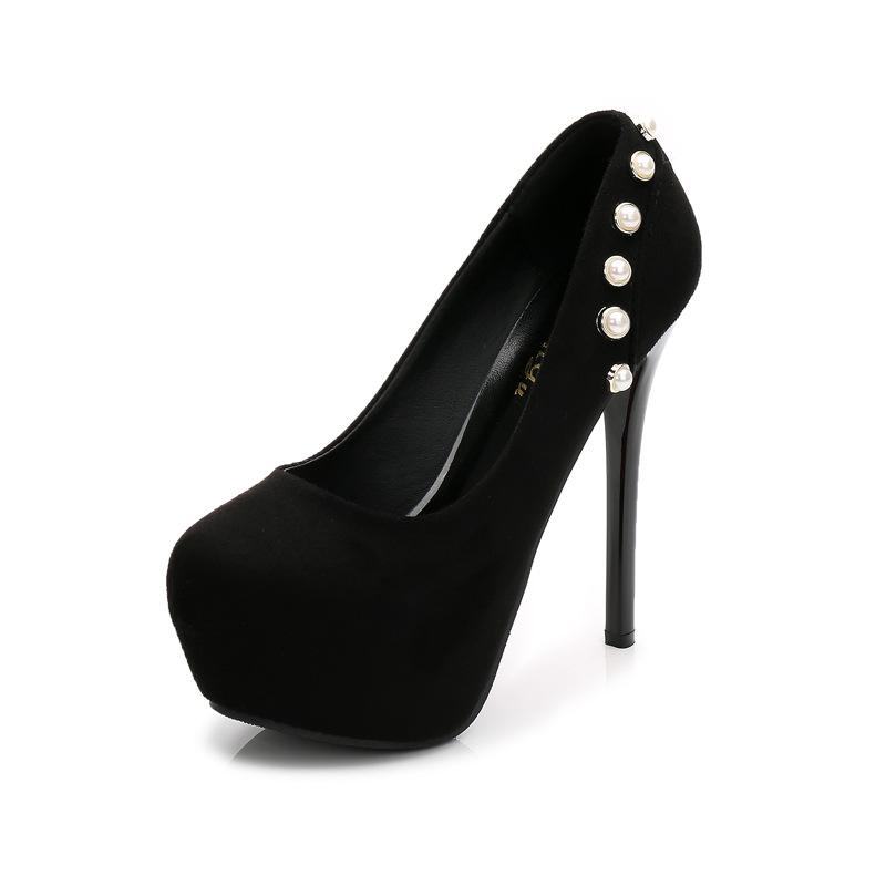 

Dress Shoes Fashion Round Toe With Flock High Heels Platform Pearl Ladies For Women, Gray(14cm)