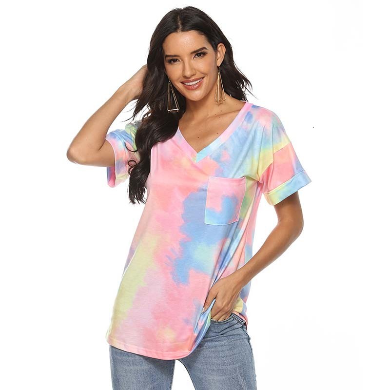 

2021 New Summer Tie-dye V-neck Short Sleeve t Womens Plus Size Fashions Casual T-shirt Tops Women Streetwear Tee Shirt Femme 7488, Pink