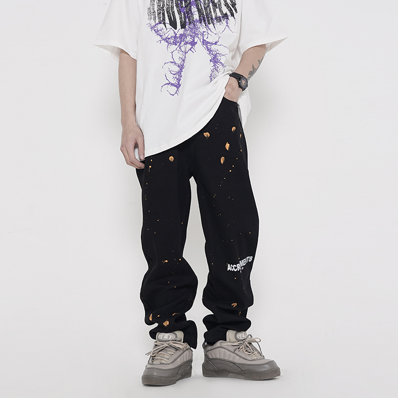 

2021 New Harajuku Painted Letter Streetwear Retro Mens Jeans Straight Spring Loose Casual Denim Trousers Oversize Hip Hop Baggy Pants Lbdv, Black
