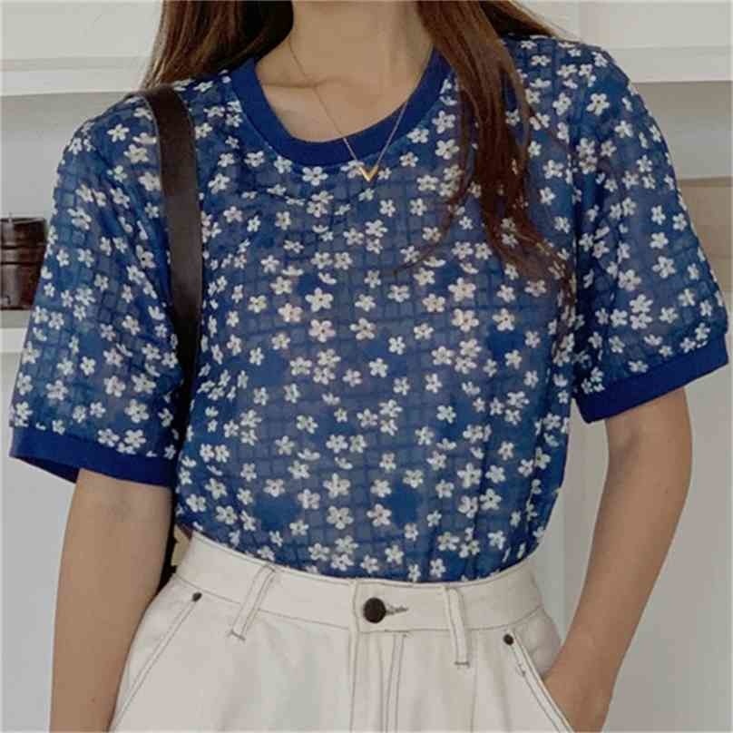 

Mesh Sexy Florals Casual Girls Tops Shirts Thin Summer Slim Femme Sweet All Match Prom Loose Chic Blouses 210525, White