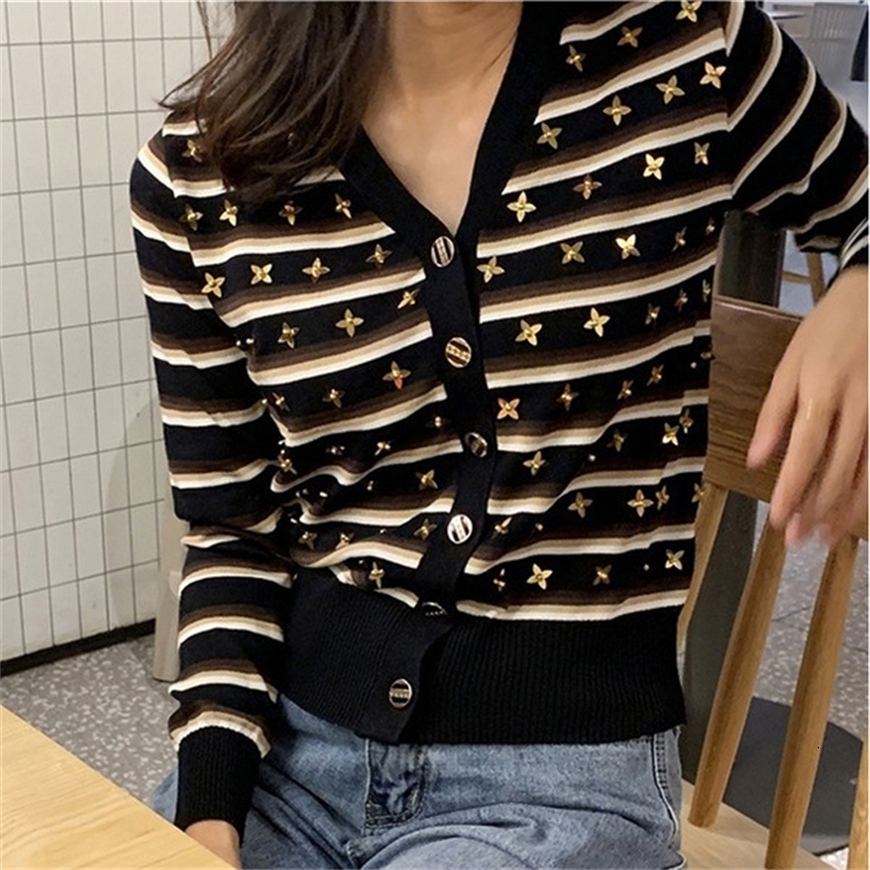 

2021 Women Luxury Handmade Beaded Four Leaf V-neck Long-sleeve Vintage Striped Knit Coat Female Stylish Korean Sweaters 3thn, Black
