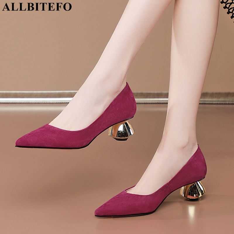

ALLBITEFO golden heel design soft sheepskin suede genuine leather women high heels fashion party wedding shoes high heel shoes 210611, As picture