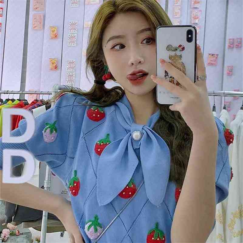 

Spring Summer Sweet Girl 3D Strawberry Embroidery Short Sleeve Sweater Beaded Bow collar Hollow Out Pullover Knitted Tops 210602, Blue