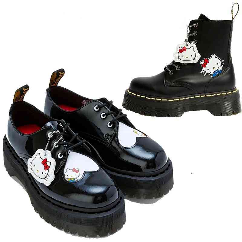 

dress shoes sapatos de plataforma feminina botas tornozelo kitty cat martens couro genuÃ­no primavera outono animaÃ§Ã£o dos senhos animados sap, Black