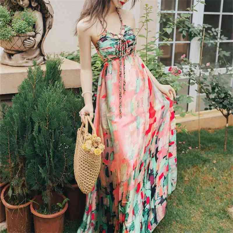 

V-neck Maxi Chiffon Print Long Women Dress Backless Strap Bohe Beach Sleeveless Party Summer Sexy 210603, Blue