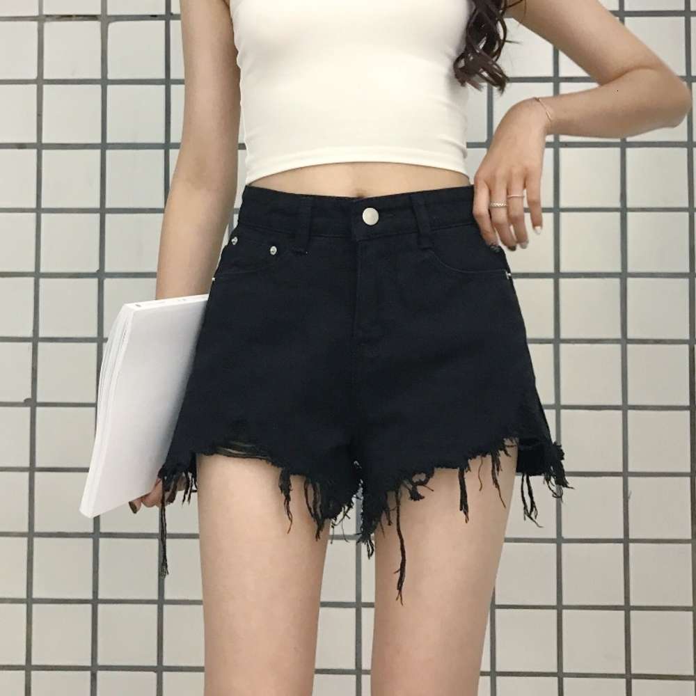 

Holed Black Denim Shorts women' summer loose wear high waist A-line wide leg net red girl' hot pants, Blue