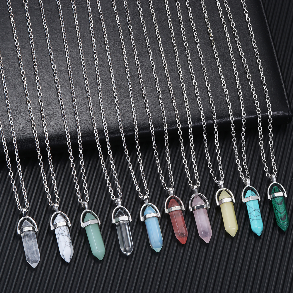 

Natural Stone Pillar Pendulum Pendant Reiki Healing Crystal Necklace Hexagonal Bullet Amethyst Pink Quartz Chakras Pendulo Jewelry