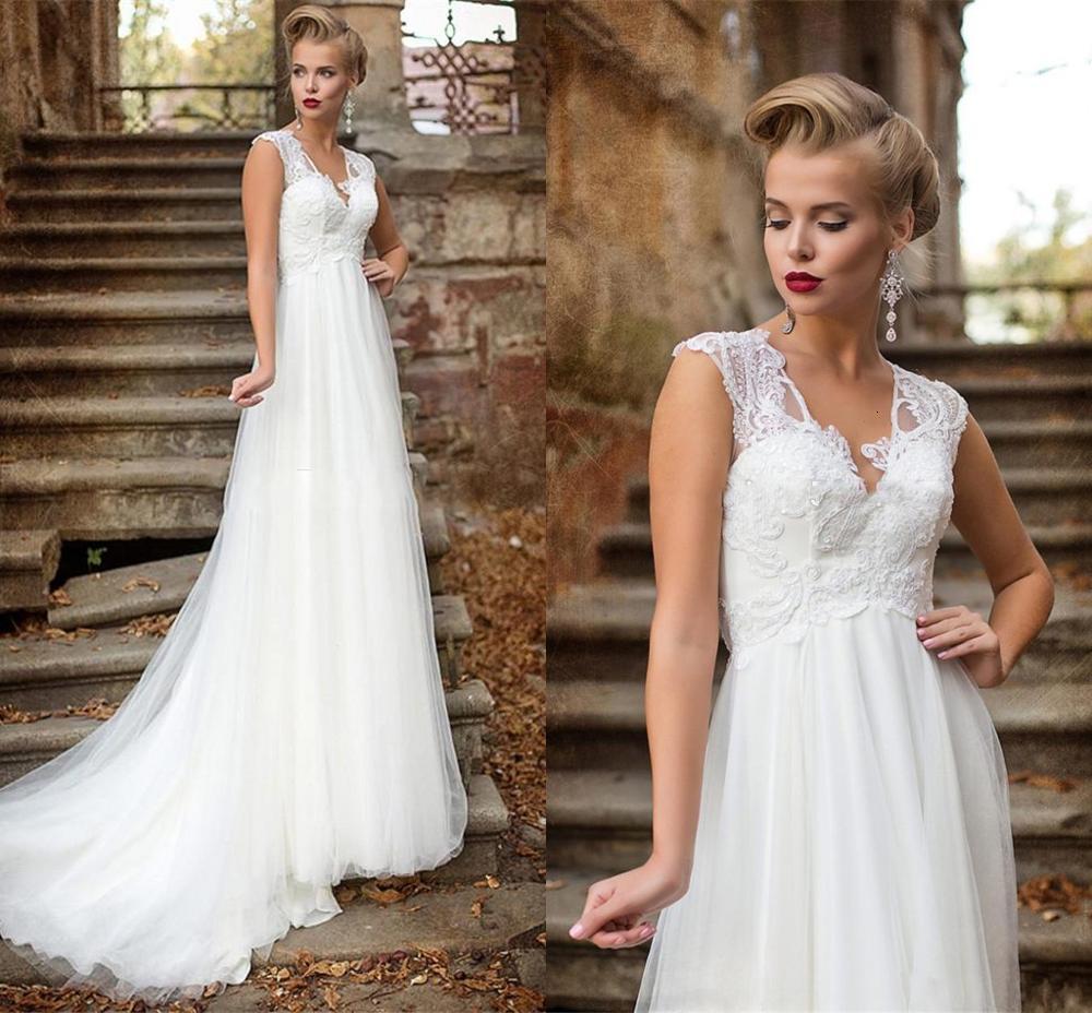 

2021 New V-neck A-line Appliques Top Wedding Es Bridal Gowns Tulle Lace Up Back Sleeveless Beautiful 53k2, White
