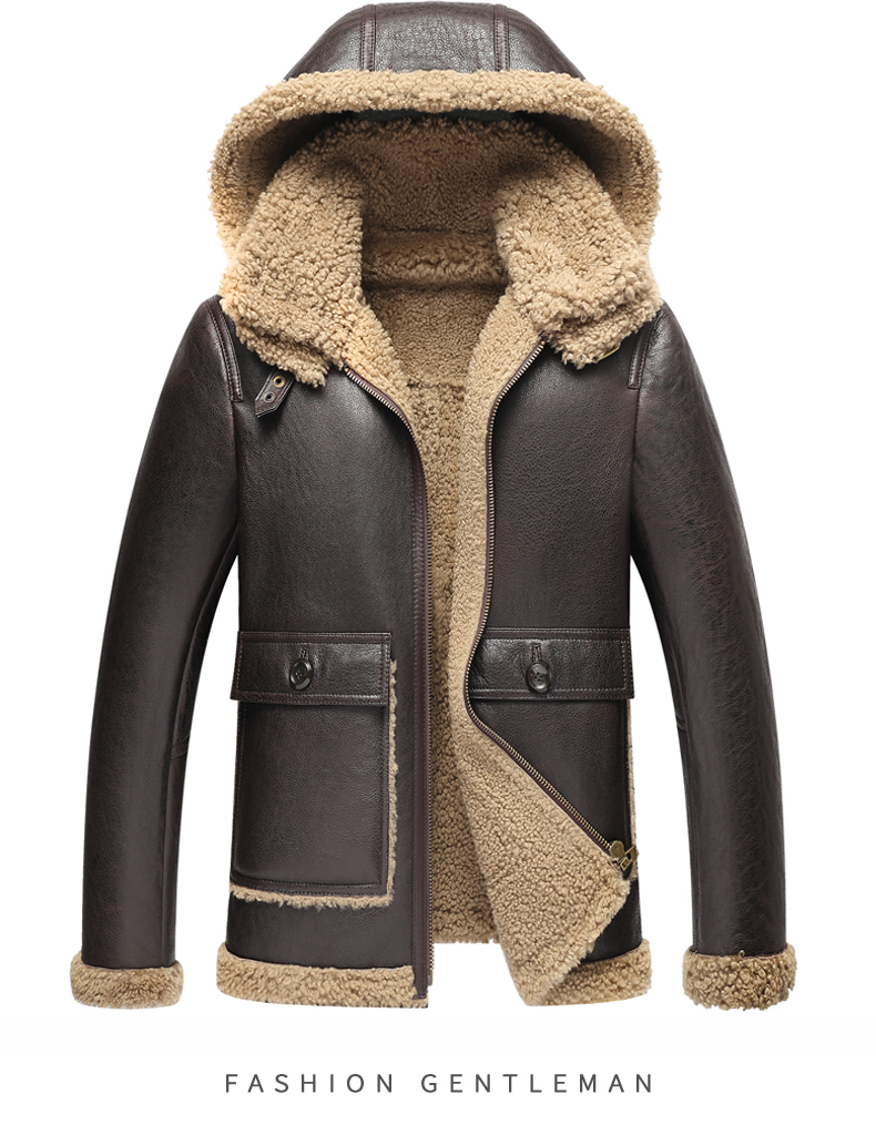 

Genuine Leather Jacket Men Clothing 2021 Winter Real Fur Coat Hooded Sheepskin Shearling Leather Jackets for Men 703 KJ5860, Brown beige