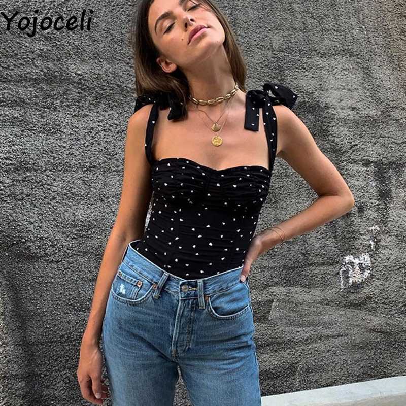 

Yojoceli Sexy strap bow heart print short crop tops female Summer elegant casual cool cute beach camis Cute black women top 210609