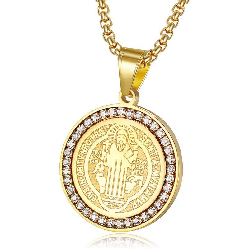 

Pendant Necklaces Hip Hop CZ Stone Bling Iced Out Stainless Steel Catholic Patron Saint St Benedict Of Nursia Holy Medal Cross Pendants, Silver