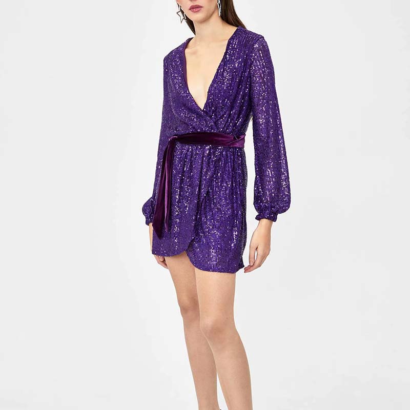 

Women Sping Sexy Sashes Mini Dress Vintage Sequined Female Deep V-Neck Party Dress Casual Street Lady Loose Vestidos, Black;gray