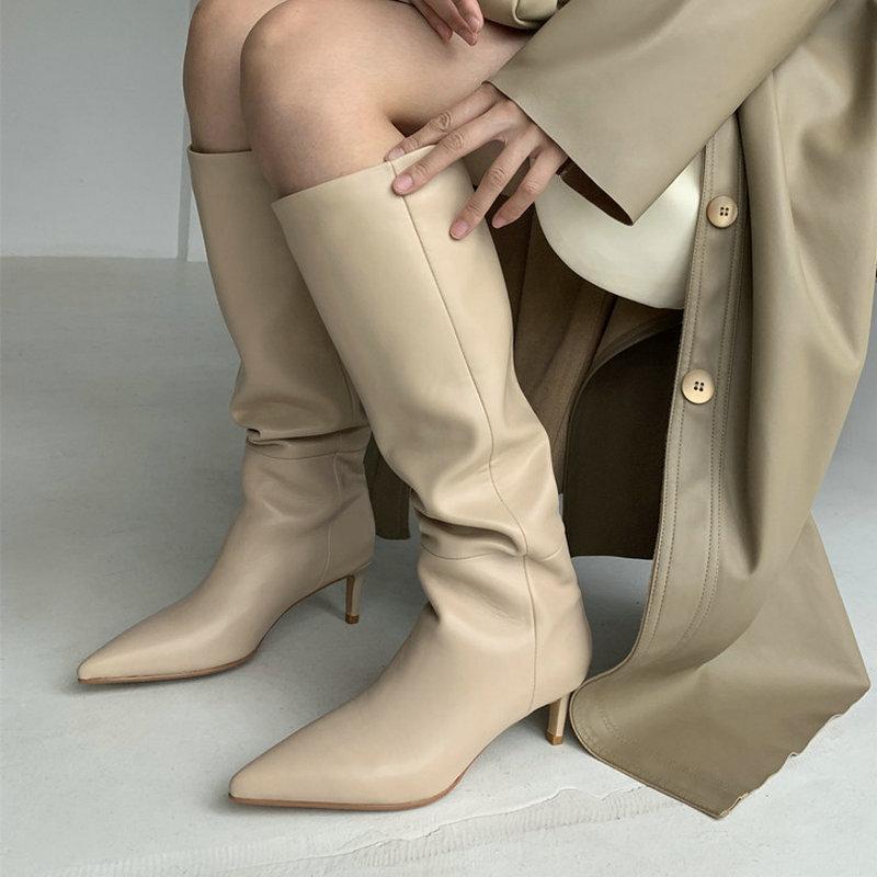 

Boots EshtonShero Women Genuine Leather Knee High Pointed Toe Thin Heel Slip On Party Club Shoes Winter Ladies Footwear, Beige
