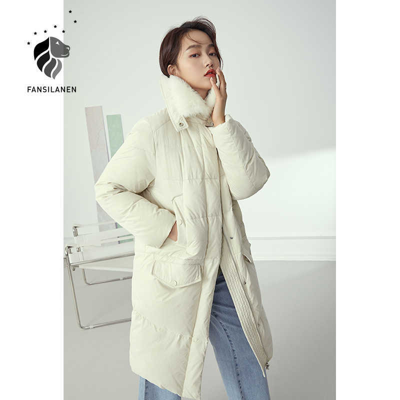 

FANSILANEN Wram elegant oversized long white down coat Women feather winter casual jacket Female puffer thermal parka 210607