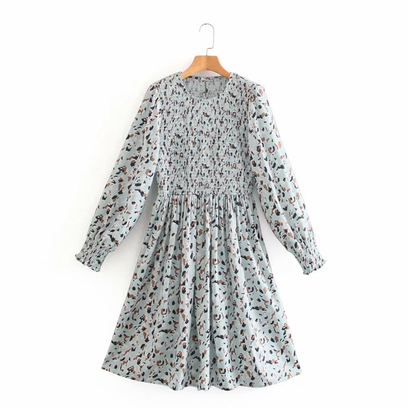 

Women Fashion Slim Pleated High Waist Dress Spring Floral Knee Length Puff Sleeve O neck Elegnat Vacation 210525, Green