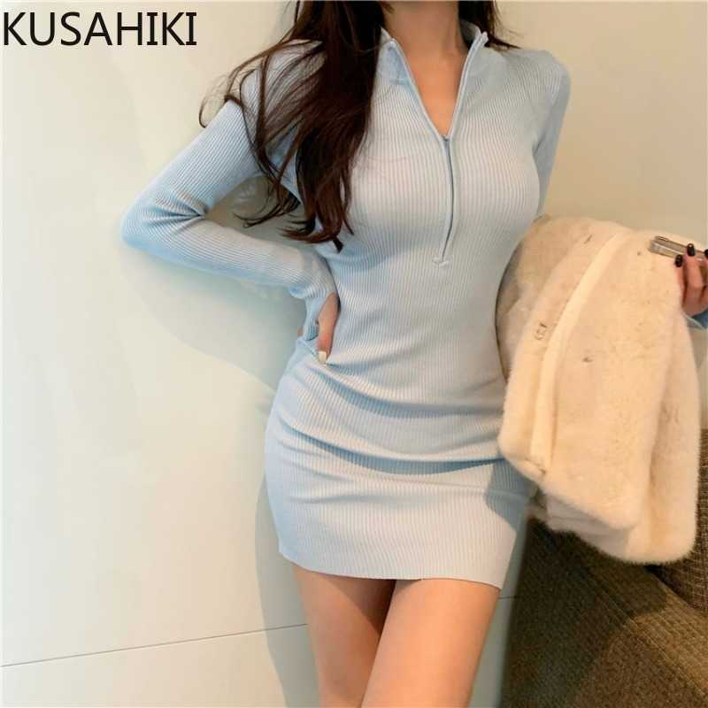 

KUSAHIKI Sexy Slim Basic Women Dress Zipper Stand Neck Long Sleeve Vestidos Femme Spring Stretch Bodycorn Dresses 6E786 210602, Black
